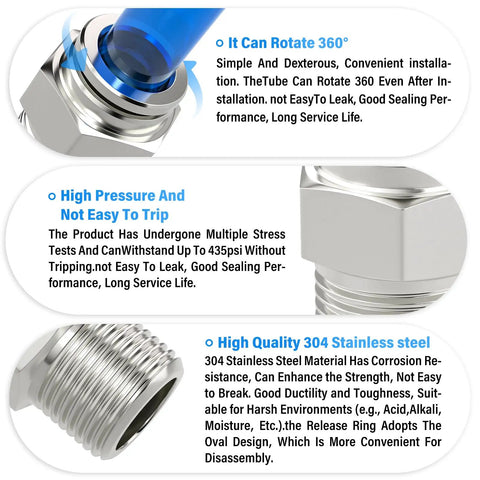Stainless Steel Push To Connect Fittings Built Tough Straight Male One Quarter Inch Tube OD To One Quarter Inch NPT Thread 304 Stainless