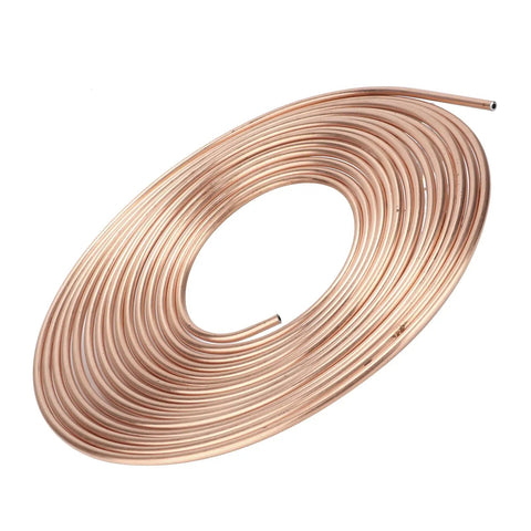Gearhead Grade Copper Plated Brake Line Tubing 25ft Coil with 3 16in OD and 0.028in wall coiled on white background