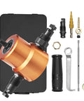 Double Head Sheet Metal Nibbler Cutter with 360 Degree Drill Attachment, extra punch and die, tool accessories, black case background