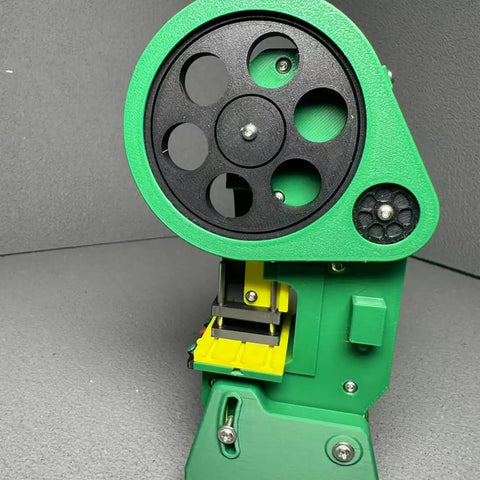 Dope 3D Printed Electric Punch Press Model With Motorized Gear Drive, Compact Plastic Build, Fully Assembled, Stainless Steel Screws, Integrated Control Module, Stable Base, USB Powered, 7x7x18cm, front view