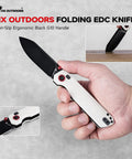 Heavy Duty Everyday Carry Pocket Knife With Kickass Swedish Steel Blade And Grippy G10 Handles Secured By Tight Pocket Clip in hand, black blade visible.