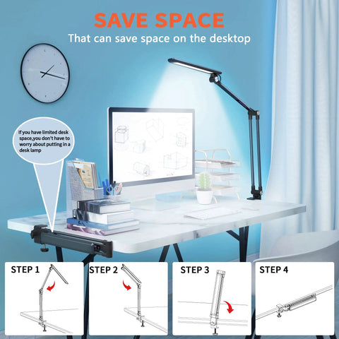 LED Desk Lamp With 10 Color Modes 2700K To 7000K Stepless Dimming Architect Clamp for home office on white desk