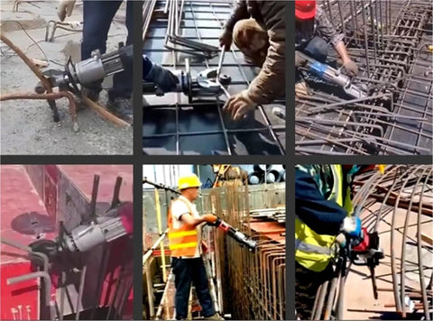 Heavy Duty Electric Hydraulic Rebar Bender And Fast Steel Bar Cutter Portable Rig For Quick Bending Straightening in use on construction site.
