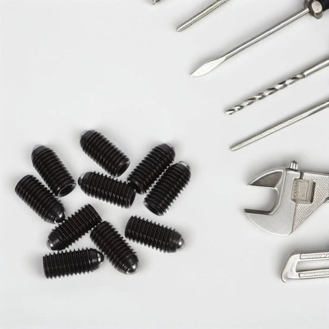 Heavy Duty Carbon Steel Hex Socket Spring Ball Plunger Screws For Clamps 10 Piece Pack, black finished screws, positioned on a workspace.