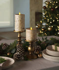 Elegant table setting with Birch Bark Wrapped Flameless LED Candle With Moving Flame, Battery Operated 3.5 By 4.5 Inch Pillar Light