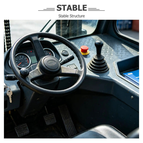 Heavy Duty 3 Ton Forklift Replacement Locating Pins With Large Base And Reinforced Zinc Plated Metal Structure To Stop Fork Drift And Secure Loads In Warehouse Settings For Industrial Use, featuring a detailed forklift operator's dashboard.