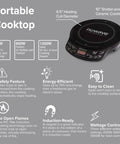 Flex Precision Induction Cooktop With Shatterproof Ceramic Glass 10.25 Inch Surface, shown with features and benefits list