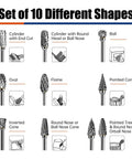 Set of 10 carbide burr bits for Dremel rotary tools, featuring diverse shapes for precision modeling and detailed carving work.