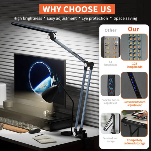 LED Desk Lamp With 10 Color Modes 2700K To 7000K Stepless Dimming Architect Clamp in use on home office desk