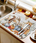 Thanksgiving Themed Dish Drying Mat With Pumpkin Fox Squirrel Motif for Kitchen Counter next to sink and autumn decor