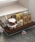 Under Bed Push To Open Drawer Slides Self Adhesive Toe Kick Storage Rack For Tight Spots with food containers and coffee bags.