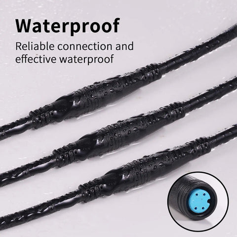 Close-up of waterproof extension cable for electric bikes 2Pin to 9Pin connector with black exterior, showing water droplets.