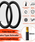 Foldable Mountain Bike Tire Set For 26 And 29 Inch Wheels With Inner Tubes, AV 32mm Schrader Valves, and performance features.