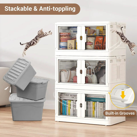 Heavy Duty Stackable Storage Bins With Lids And Wheels 4 Pack in white, displaying contents and featuring a sleek design with wheels.