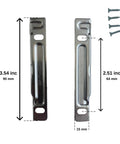 Top Shelf Nickel Drawer Front Mounting Brackets For Metabox Drawer Systems C15 C17 And M15 Models showing dimensions and screws.