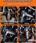Application scenarios for 16 Piece Deep Bolt Extractor Set for Impact Drivers showing electric, ratchet, manual, pneumatic use
