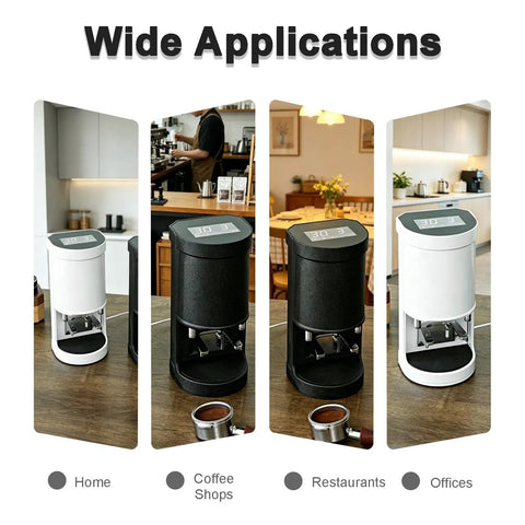 Automatic Digital Coffee Tamper Machine For Home Baristas With Touch Screen Dashboard And Adjustable Five To Thirty Kilogram Settings For Hella Consistent Espresso Shots on display in various settings.
