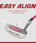 Close-up of pink putter from Kid Friendly Junior Golf Set For Ages 9 To 12 With Driver Irons Putter Bag Pink, alignment guide visible.