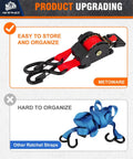 4 Pack Auto Retracting Ratchet Straps 1x10 Ft Self Roll Back System showing easy storage with red straps and hooks.