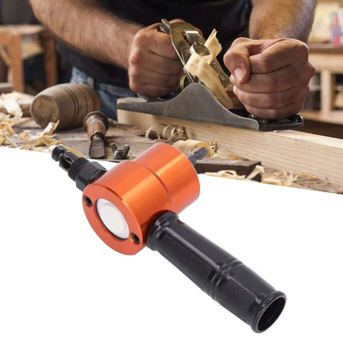 Double Head Sheet Metal Cutter Nibbler Tool With 360 Degree Adjustable Heads shown with woodworking background