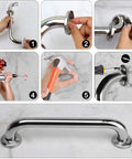 Two Pack 18 Inch Stainless Steel Shower Grab Bars For Tub And Shower Built Tough Up To 500 Lbs Rust Resistant Bath Handrails Non Slip Grip Easy Install shown in assembly steps and final installation.