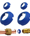 Blue SAE flare seal rings set (4 pcs) for 1/4- and 3/8-inch refrigerant fittings; copper pipe and brass adapters shown.