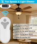 Remote Ceiling Fan Control Kit With 3 Speed Settings And Separate Light Dimmer, shown with mounted cradle and ceiling fan setup