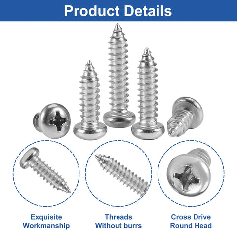 Hella Solid Beater Proof Phillips Pan Head Self Tapping Wood Screw Set 304 Stainless Steel with cross drive round head.