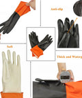 Detailed view of gloves showing anti-slip grip, thickness measurement, and softness of Workhorse Waterproof Rubber Apron With Thick Material 47 By 33 Inches Includes Gloves And Adjustable Neck Strap Built For Dishwashing Cleaning Dog Grooming Butchering Lab Work Painting And More.