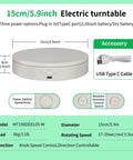 Slick 360 Degree Silent Electric Turntable With Speed Adjustable Rotation And Multi Power Usb C Design For Pro Photography and product display platform, 15cm size, featuring power switch and speed control.