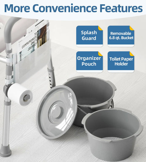 Adjustable Bedside Commode Toilet With Built Like A Tank Aluminum Frame, 6.8 qt removable bucket and splash guard for convenience.