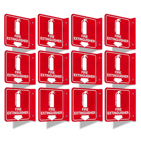 12 pack of Fire Extinguisher Sign With Down Arrow, 6x6 acrylic safety labels, red with UV protected ink, pre-drilled holes, screws included