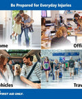 First Aid Only 298-Piece Emergency First Aid Kit in a compact pouch; collage shows home, office, vehicles, travel.