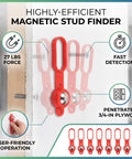 banapoy 8Pcs Magnetic Stud Finder, 27 Pounds of Pull Power showing red stud finder on wall detecting screws.