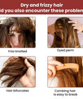 Four images showing hair problems: frizz knotted, dyed perm, hair bifurcates, and easy to break hair being combed with a wooden comb.