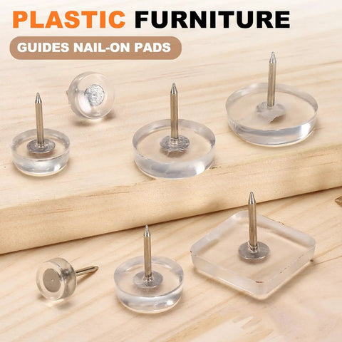 No Drama Nail On Sliders Tough Plastic Floor Savers Keeping Your Hardwood Floors Pristine with clear nail-on pads on wood.
