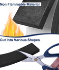 Front view: black foam weatherstripping tape being cut with scissors; self-adhesive door and window seal.