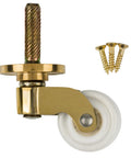 Top Shelf Solid Brass Furniture Casters With Smooth Porcelain Wheels For Couches Tables And Dressers 1 Inch Wheel Quarter Inch Stem close-up view of brass caster with porcelain wheel.
