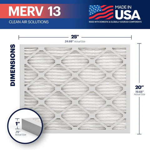 20x25x1 Air Filter MERV 13 Six Pack Made In USA Electrostatic Pleated HVAC Filter dimensions with USA branding