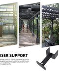 Heavy Duty Stainless Steel Roof Riser Bracket Kit Rock Solid Pergola Beam Support in various outdoor settings.