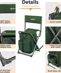 Backpack Cooler Chair With Backrest, Folding Camping Stool with padded backrest, cup holder, and sturdy steel frame, green fabric