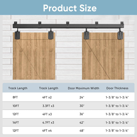 16 Foot Heavy Duty Box Rail Exterior Barn Door Hardware Kit for Two Doors with size chart and installation view