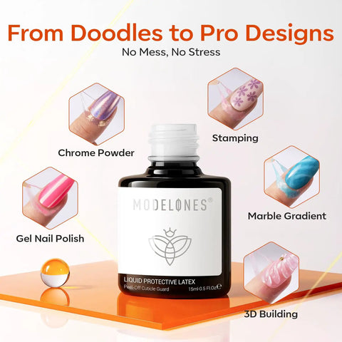 Gel Polish Liquid Latex Nail Barrier With Peel Off Barrier Stick For Mess Free Manicures bottle with nail art examples, 15 ml