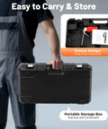 Person holding a portable storage case for the Heavy Duty Electric Pipe Threader Kit With 2300 Watt All Copper Motor And Six Carbon Steel Die Sets.