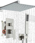 Brushed Nickel Shower System With 12 Inch Rain Head, Handheld Sprayer, Brass Valve, 14.5 Inch Arm, 1.5 Meter Stainless Hose, Wall Mounted