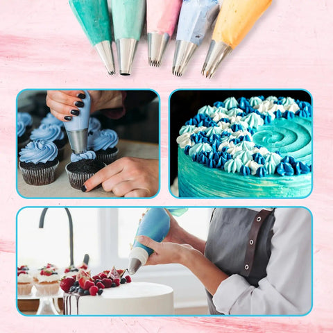 Next Level Cake Decorating Kit Featuring Hella Durable Anti Burst Piping Bags Stainless Steel Frosting Tips Set And Reusable Pastry Supplies For Baking Like A Champ Zero Worries in use on cupcakes and cakes.