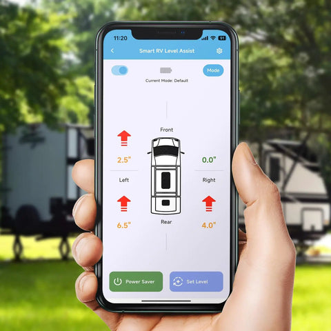 Smart Wireless RV Leveling System With Bluetooth App Controls And LCD Display shown on smartphone app screen with leveling details.