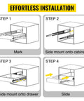 Installation guide for Heavy Duty 60 Inch Locking Drawer Slides Built Tough As Nails with step-by-step visuals.
