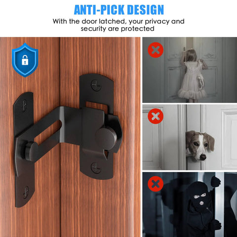 90 Degree Flip Barn Door Lock For Privacy And Security 304 Stainless Steel Gate Latch installed on wood door, anti-pick design shown.