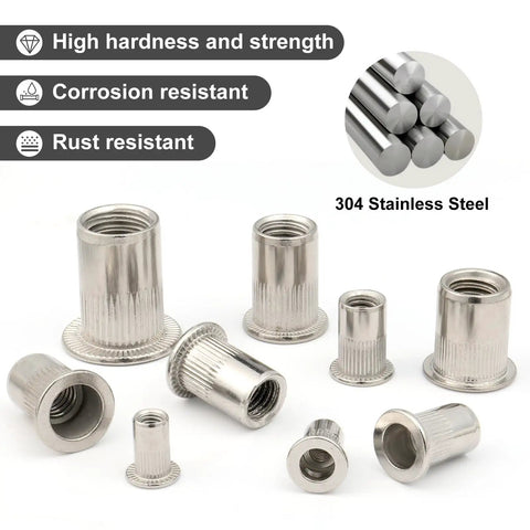 Rivet Nut Kit 100Pcs M4 M5 M6 M8 M10 Stainless Steel Pro Grade Rivet Nuts Assortment with Flat Head Knurled Body on display